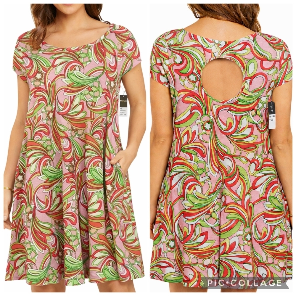 Crown & Ivy Pink Green Swirl Tent Dress Cap Sleeve Swing Shift Resort Preppy